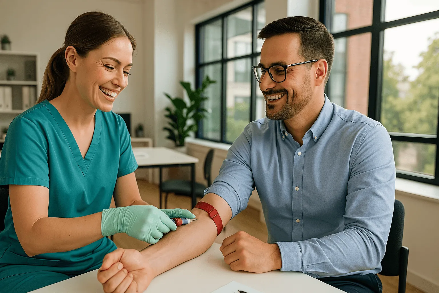 A healthcare professional in green scrubs prepares to draw blood from a smiling man in a bright, modern office, illustrating routine HbA1C testing for diabetes screening.