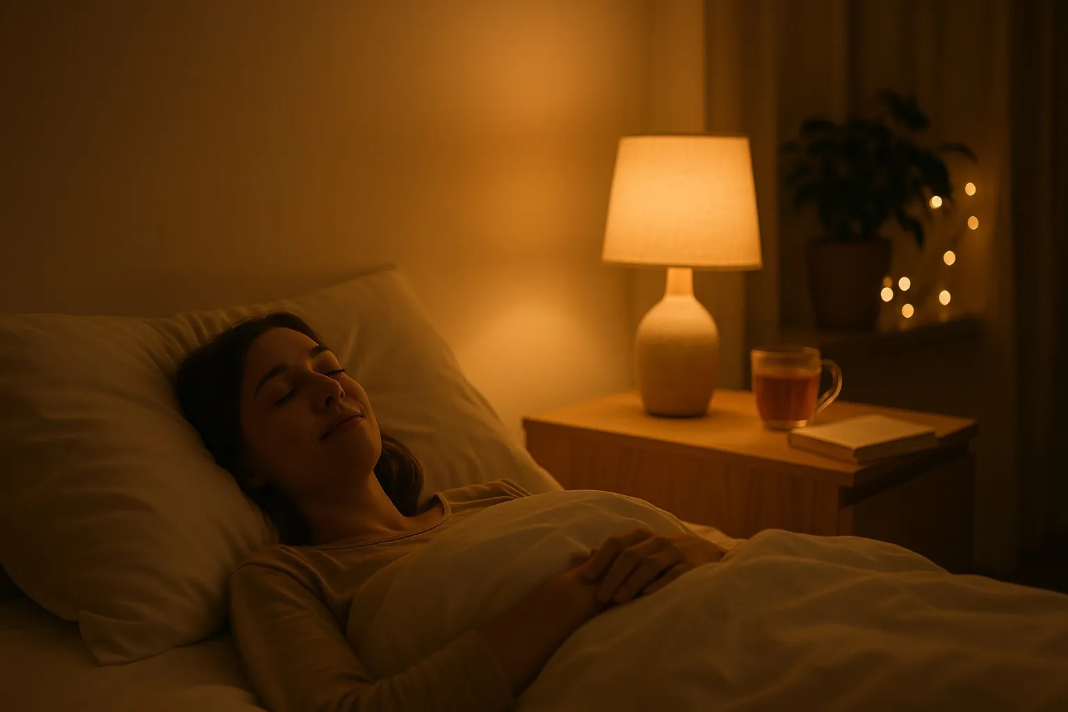 A woman lying in bed under soft lighting with a cup of tea on the bedside table, suggesting a calm nighttime routine for better sleep.