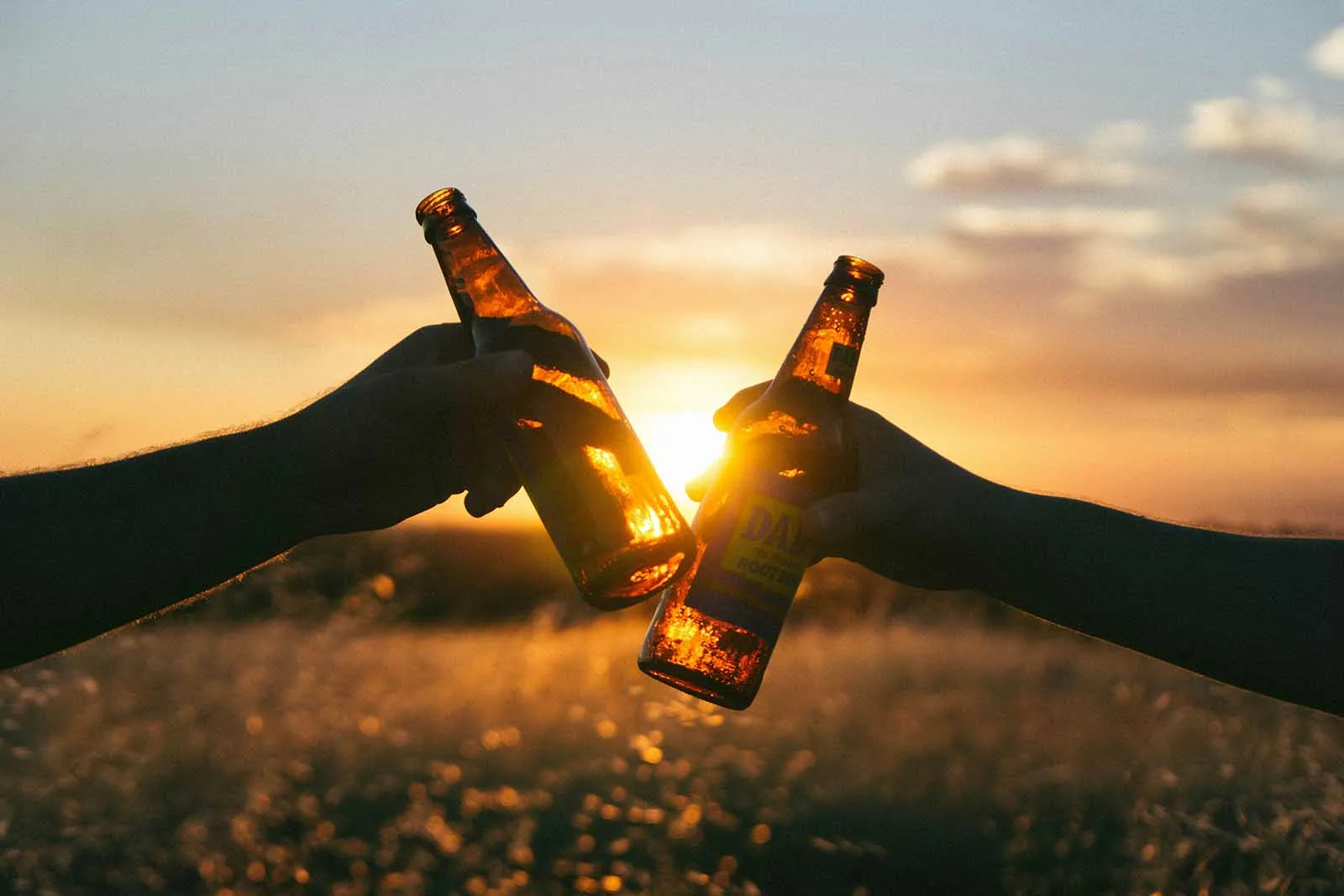 Two people clinking beer bottles against a sunset background, illustrating how excessive alcohol consumption can negatively impact testosterone levels.